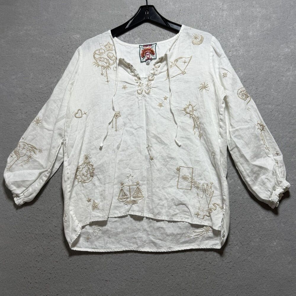 JOHNNY WAS - White Linen Tunic Top Embroidered Zodiac Celestial Women’s Medium